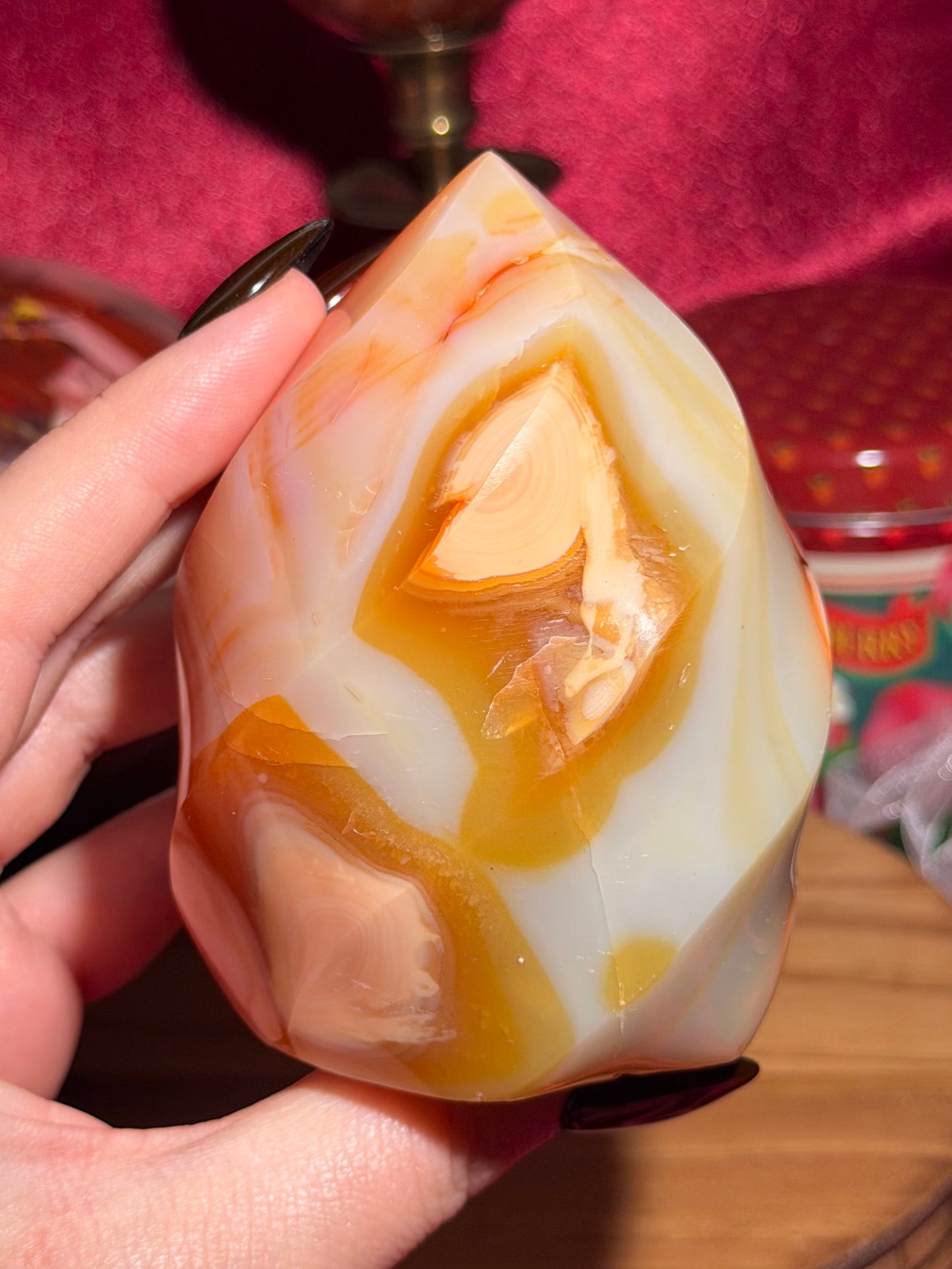 Peachy yellow carnelian flame with quartz