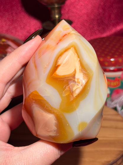 Peachy yellow carnelian flame with quartz