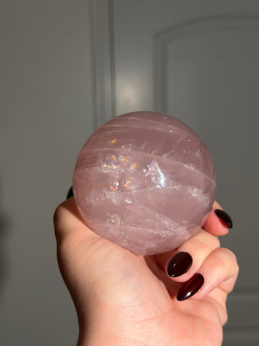 “Rainbow flower” 12-ray star rose quartz sphere - 85mm 2lbs
