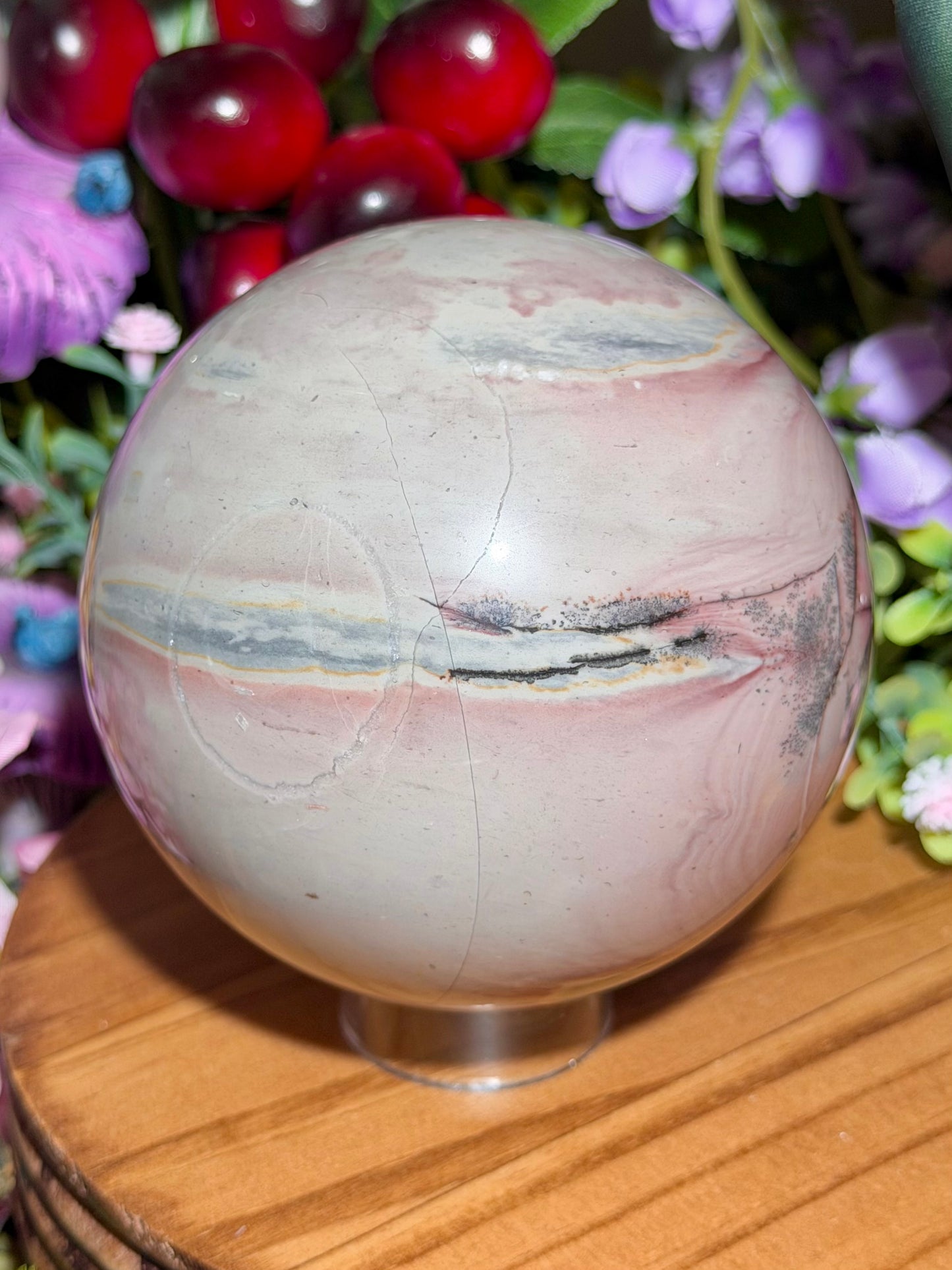Pastel pink dendritic picture jasper sphere
