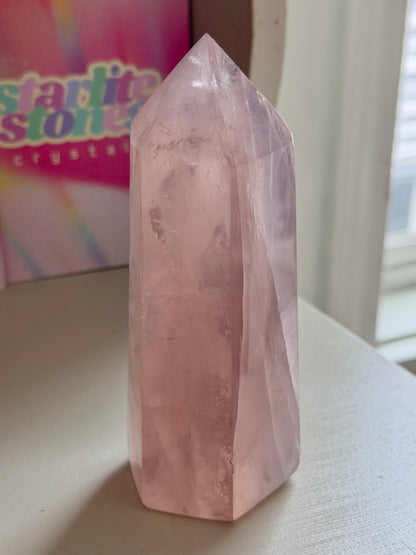 Glassy pink rose quartz tower