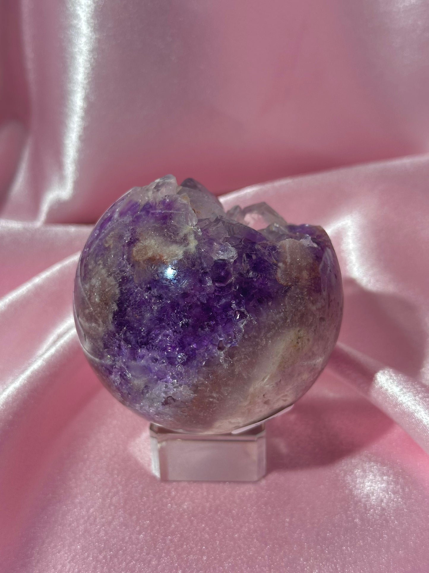 Grape jelly purple Brazilian pink amethyst sphere with unique quartz caves