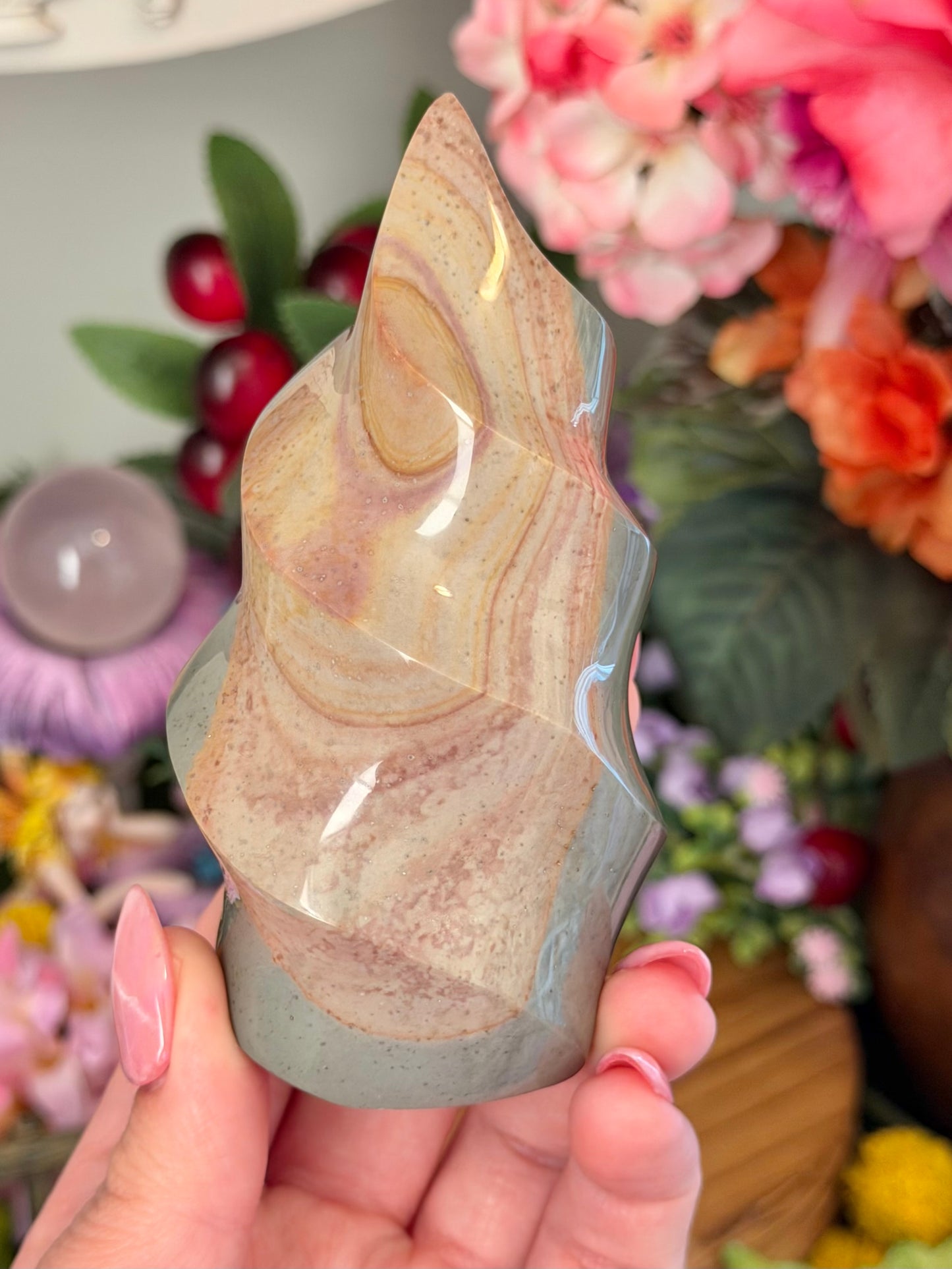 Pink and blue polychrome jasper twisty flame