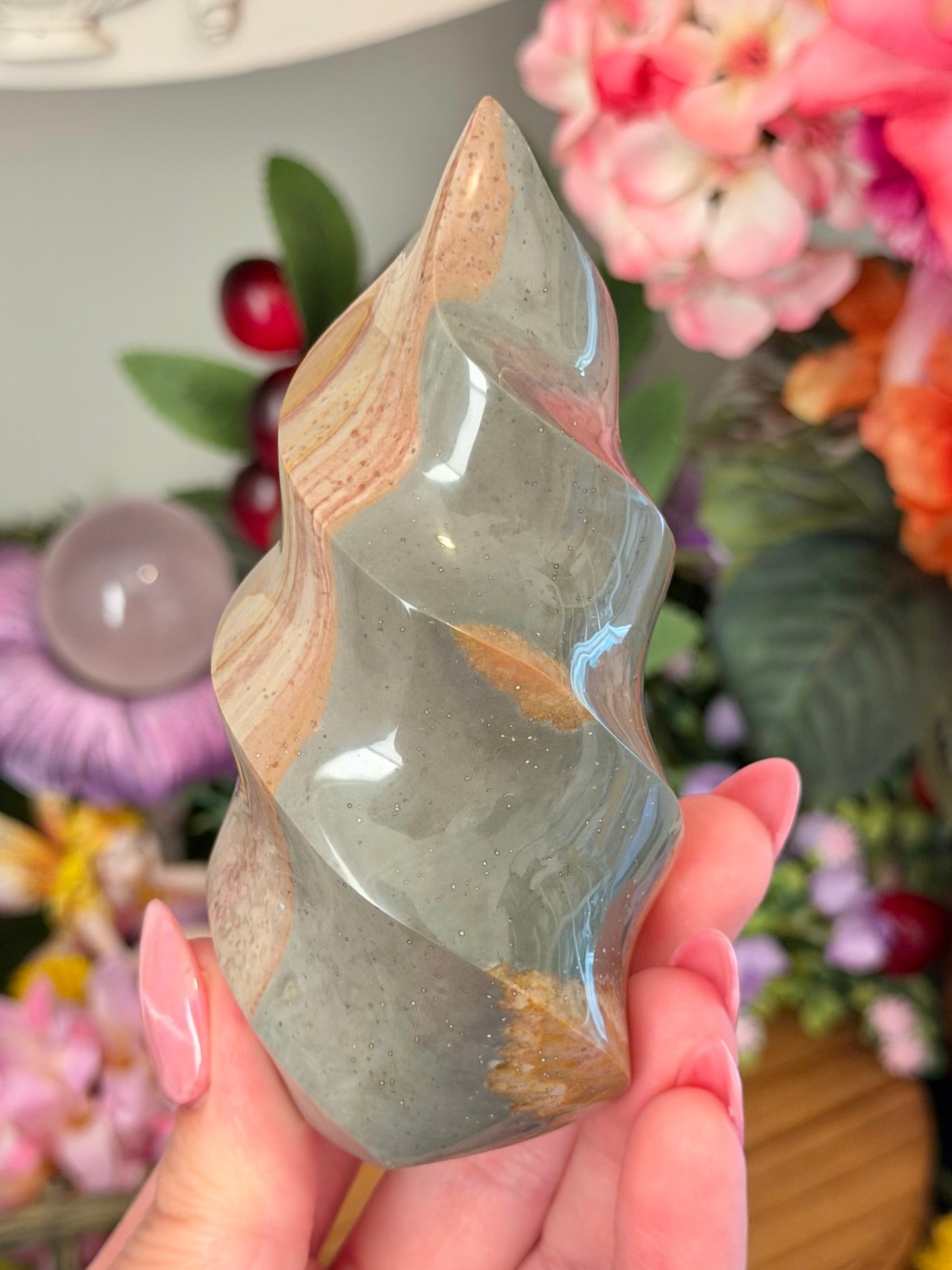 Pink and blue polychrome jasper twisty flame