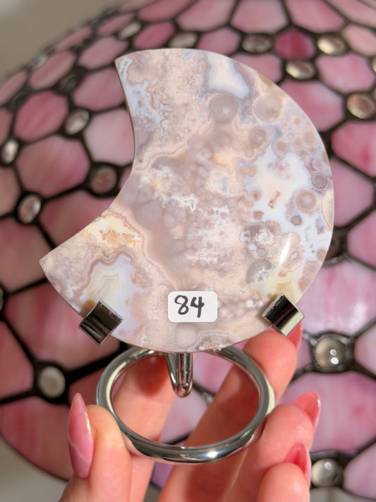 Pink amethyst x flower agate moon on stand