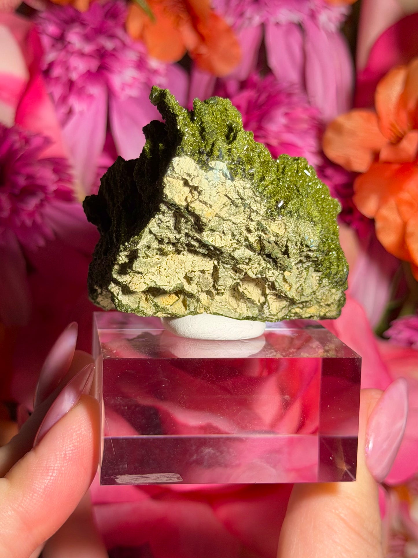 Fairy Quartz Epidote specimen on stand from Hakkari, Turkey