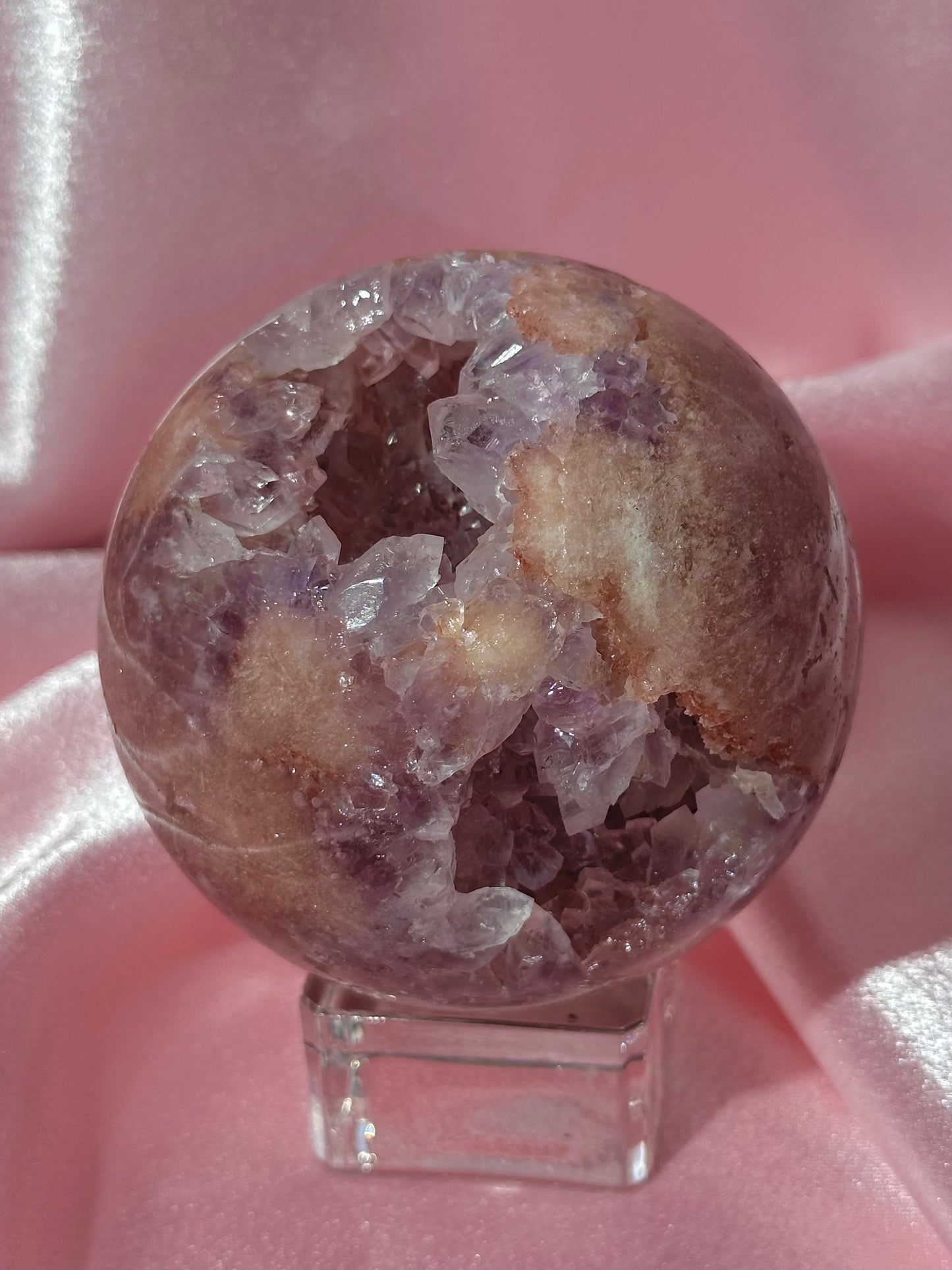 Brazilian pink amethyst x flower agate sphere with purple quartz-filled druzy cave
