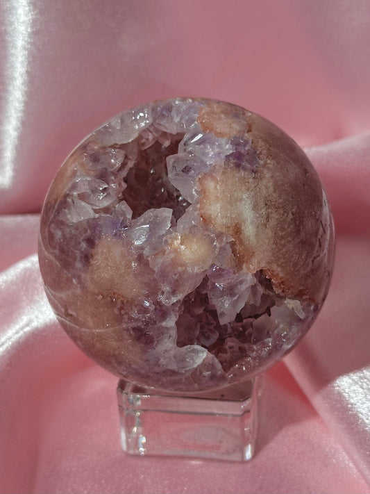 Brazilian pink amethyst x flower agate sphere with purple quartz-filled druzy cave
