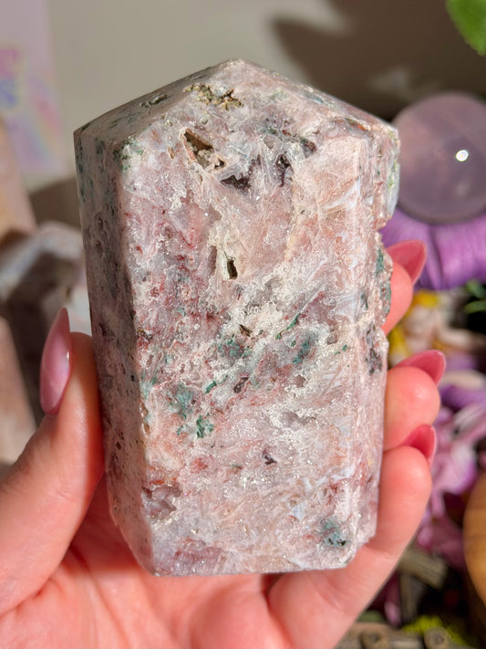 Fairy green jasper mixed with pink amethyst tower from Brazil