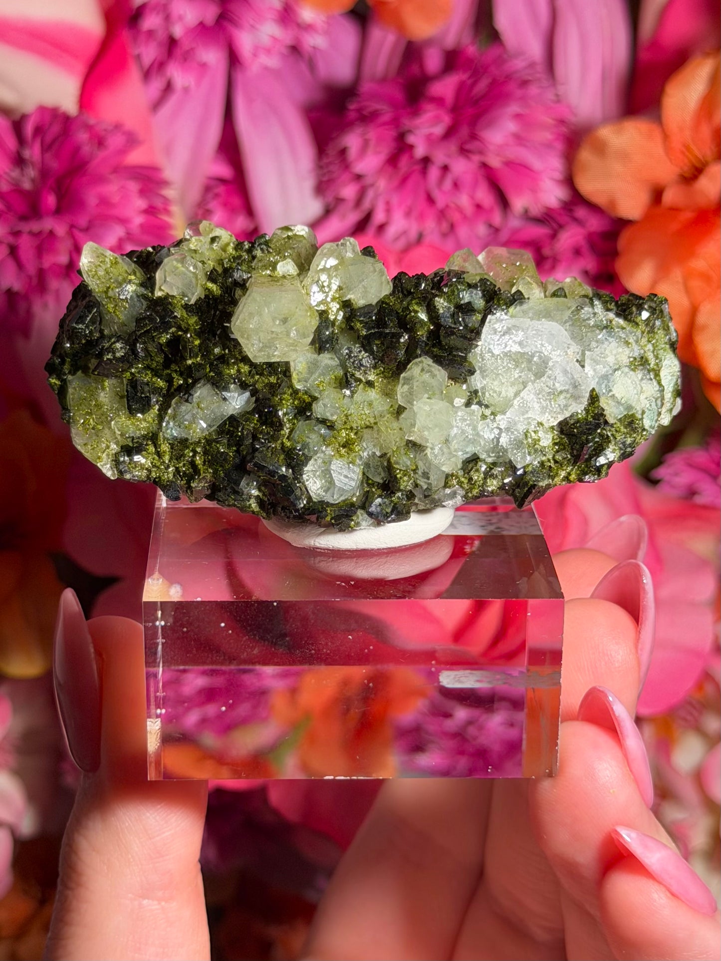 Fairy Quartz Epidote specimen on stand from Hakkari, Turkey