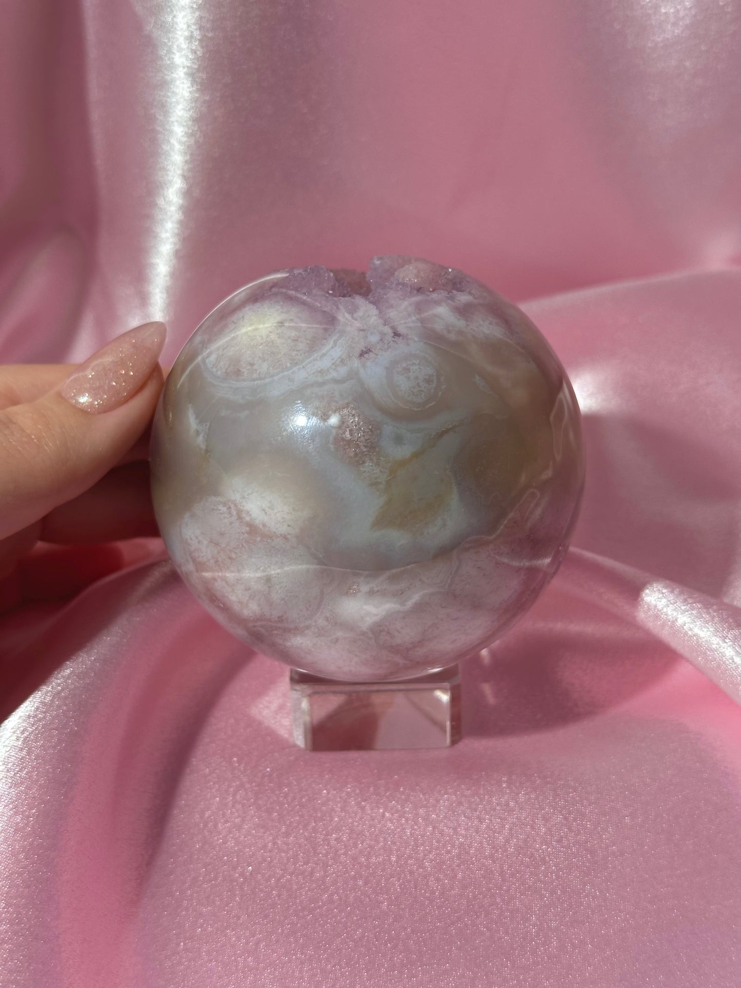 Brazilian pink amethyst x flower agate sphere with druzy cave