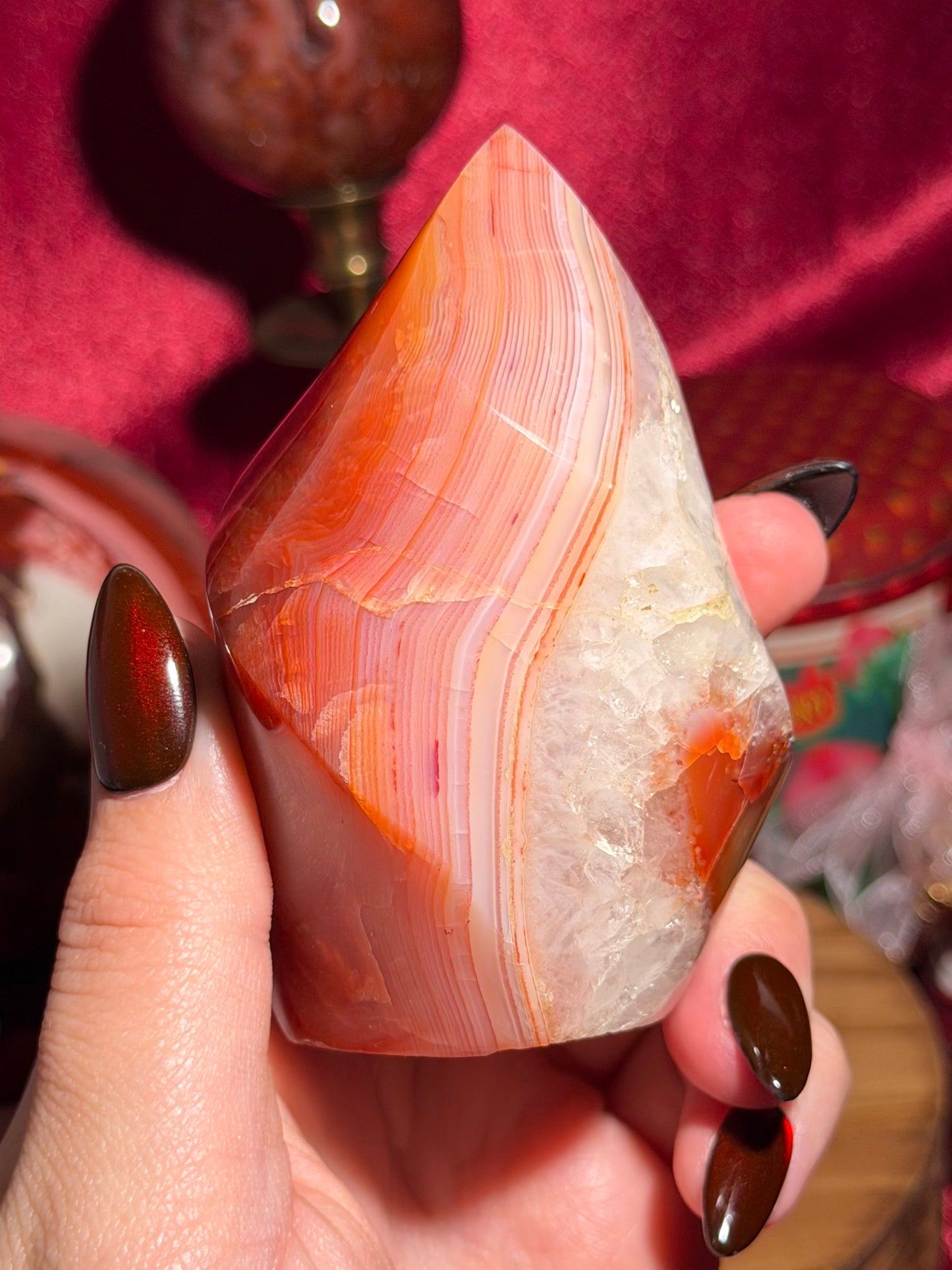 Pink banded carnelian flame with quartz