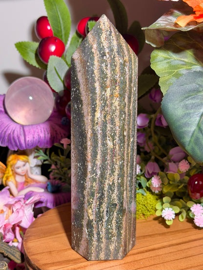 Pink and green sea jasper tower
