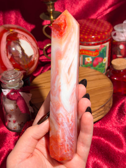 Strawberry pink banded carnelian tower