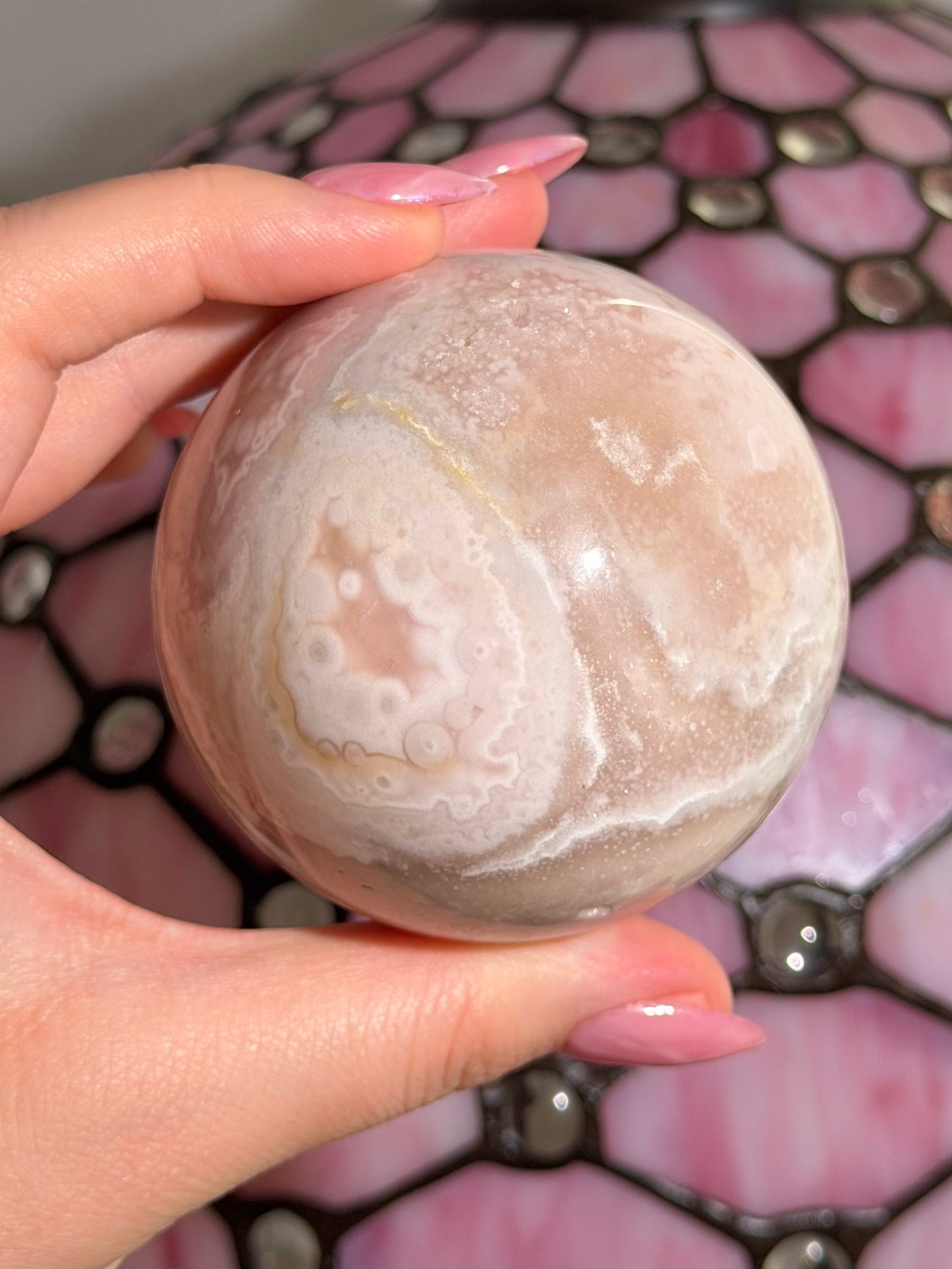 Large bubbly pastel Pink amethyst x flower agate sphere