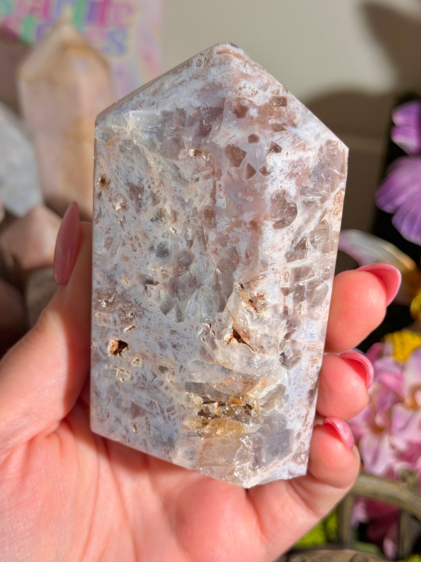 Mosaic pastel blue pink amethyst tower from Brazil