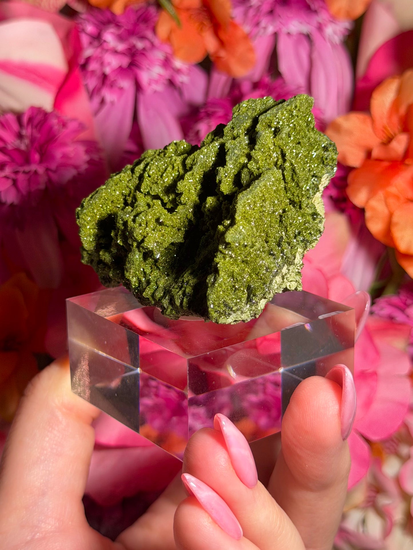 Fairy Quartz Epidote specimen on stand from Hakkari, Turkey