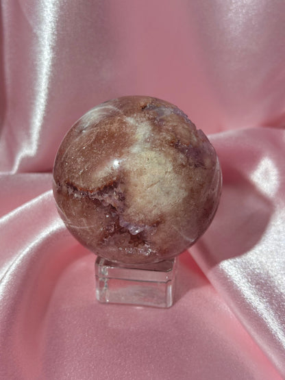 Brazilian pink amethyst x flower agate sphere with purple quartz-filled druzy cave