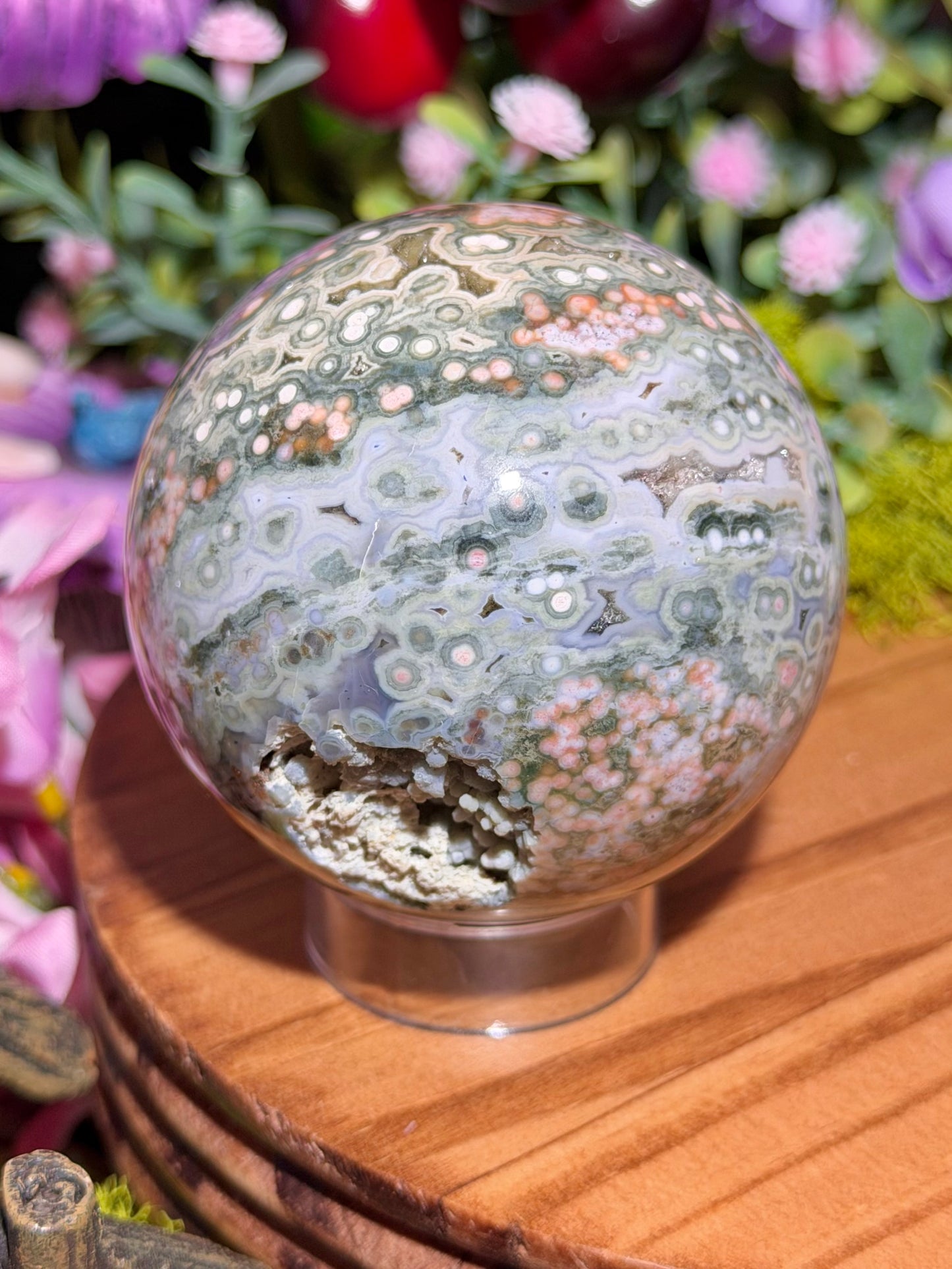 Green and pink 8th Vein Ocean Jasper sphere