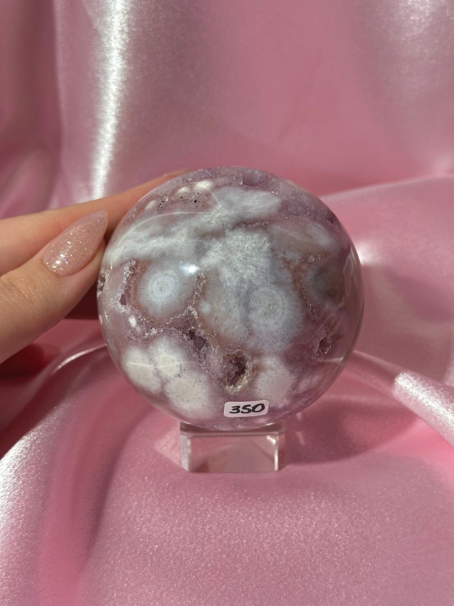 Brazilian pink amethyst x flower agate sphere with druzy cave