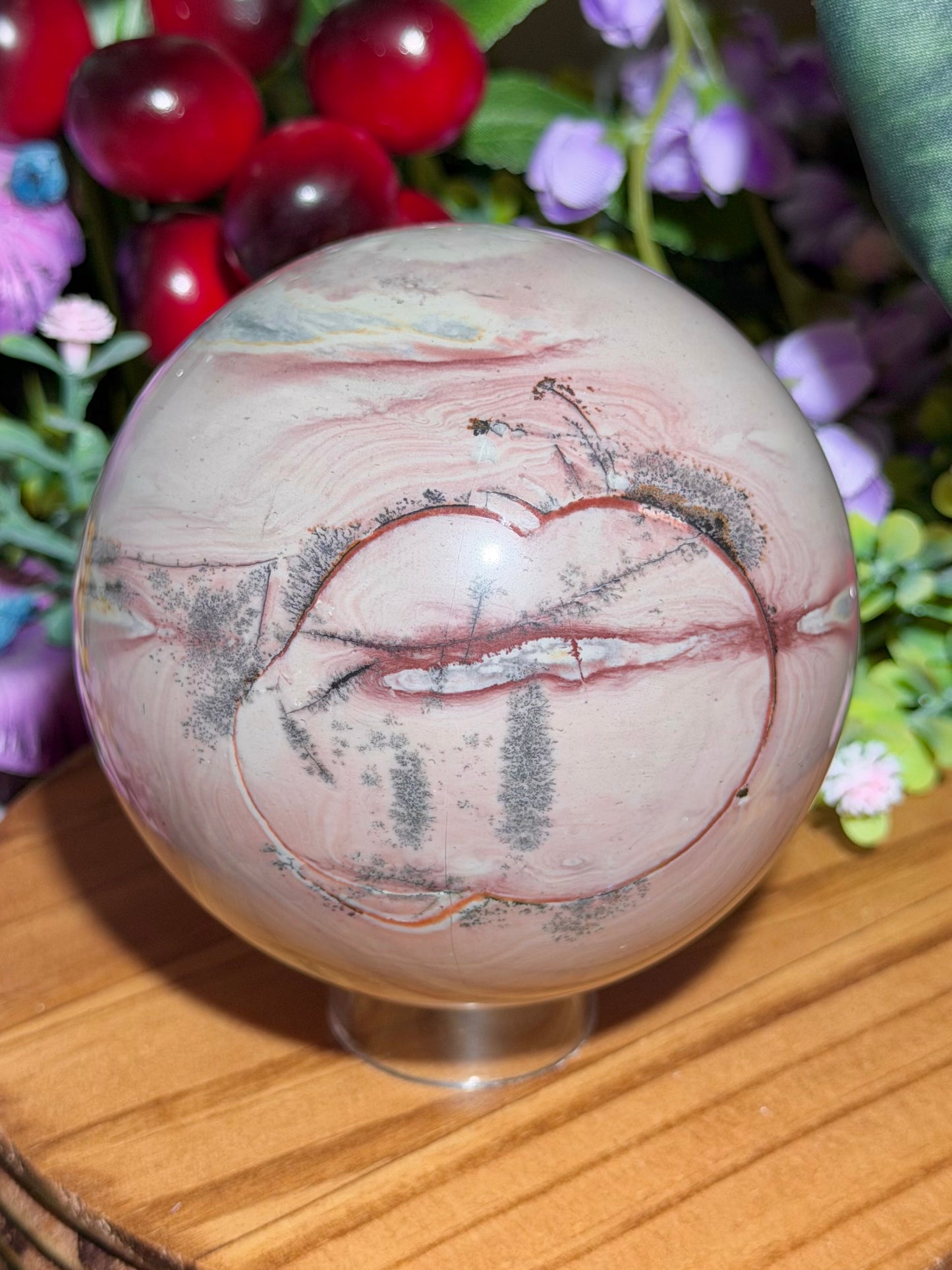Pastel pink dendritic picture jasper sphere