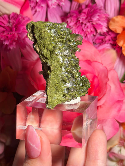 Fairy Quartz Epidote specimen on stand from Hakkari, Turkey