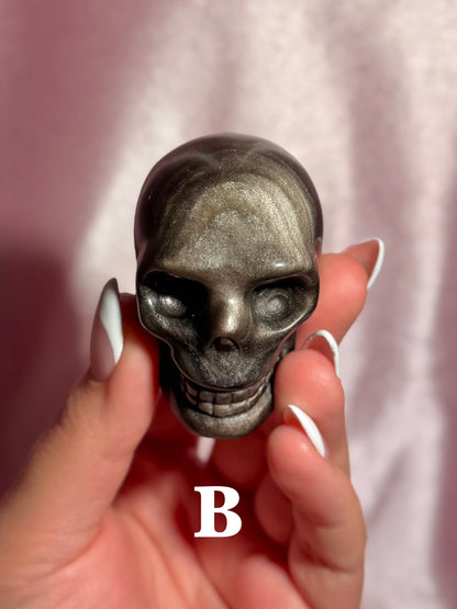 YOU PICK ⟢ Silver Sheen Obsidian Skull Carving