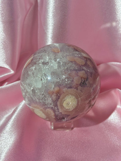 Statement Brazilian pink amethyst x flower agate sphere with sparkly quartz