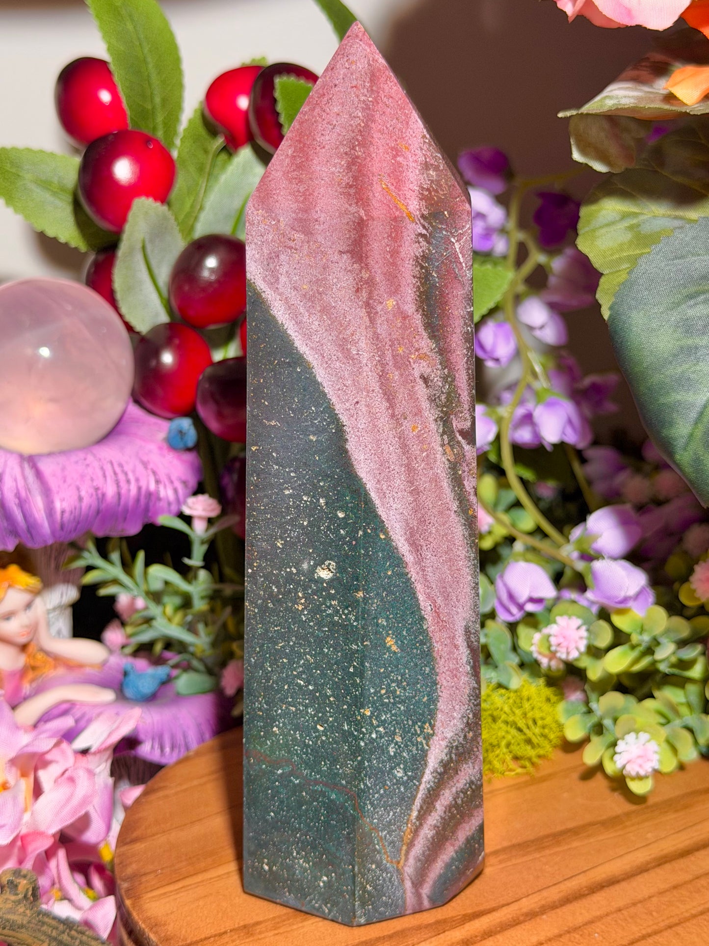 Pink and green sea jasper tower