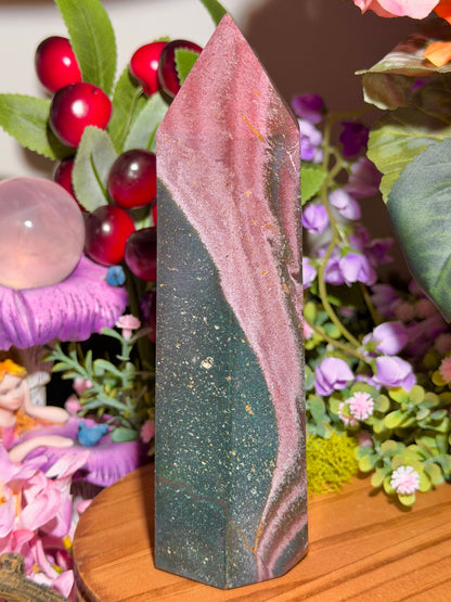 Pink and green sea jasper tower