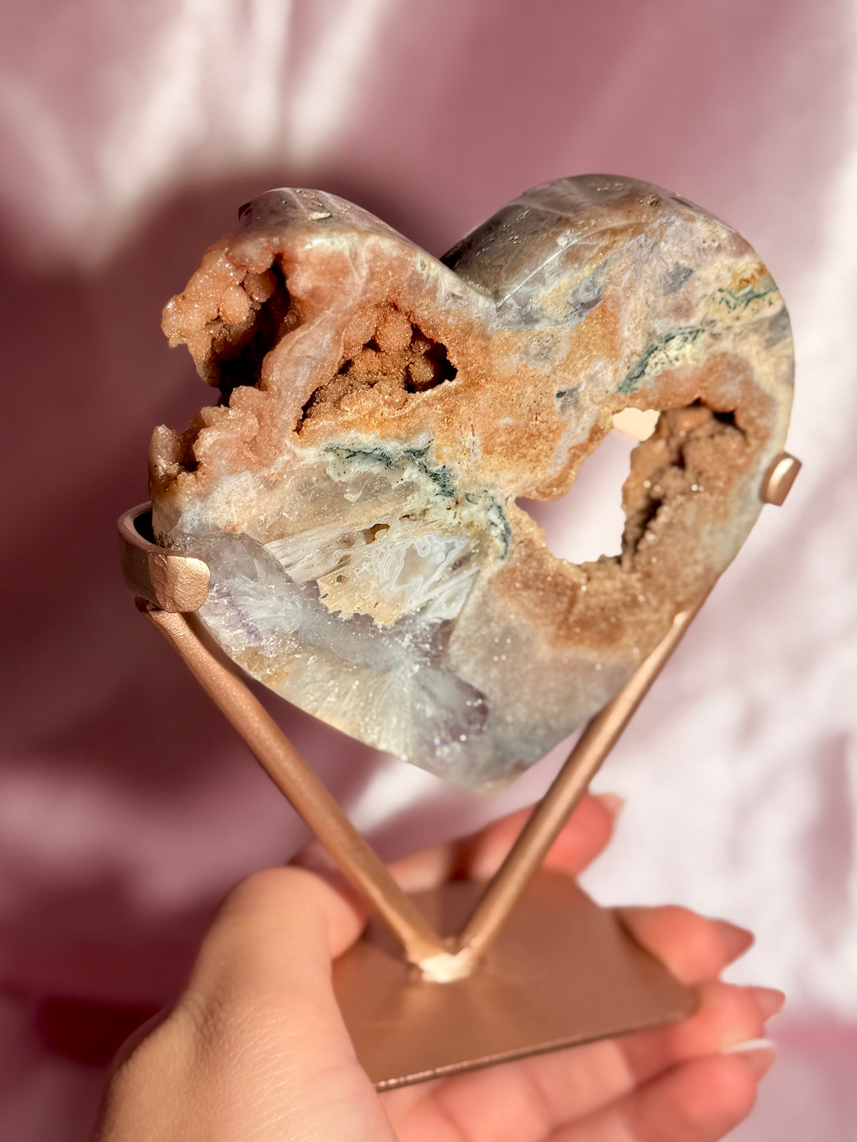Brazilian Pink Amethyst Heart On Stand
