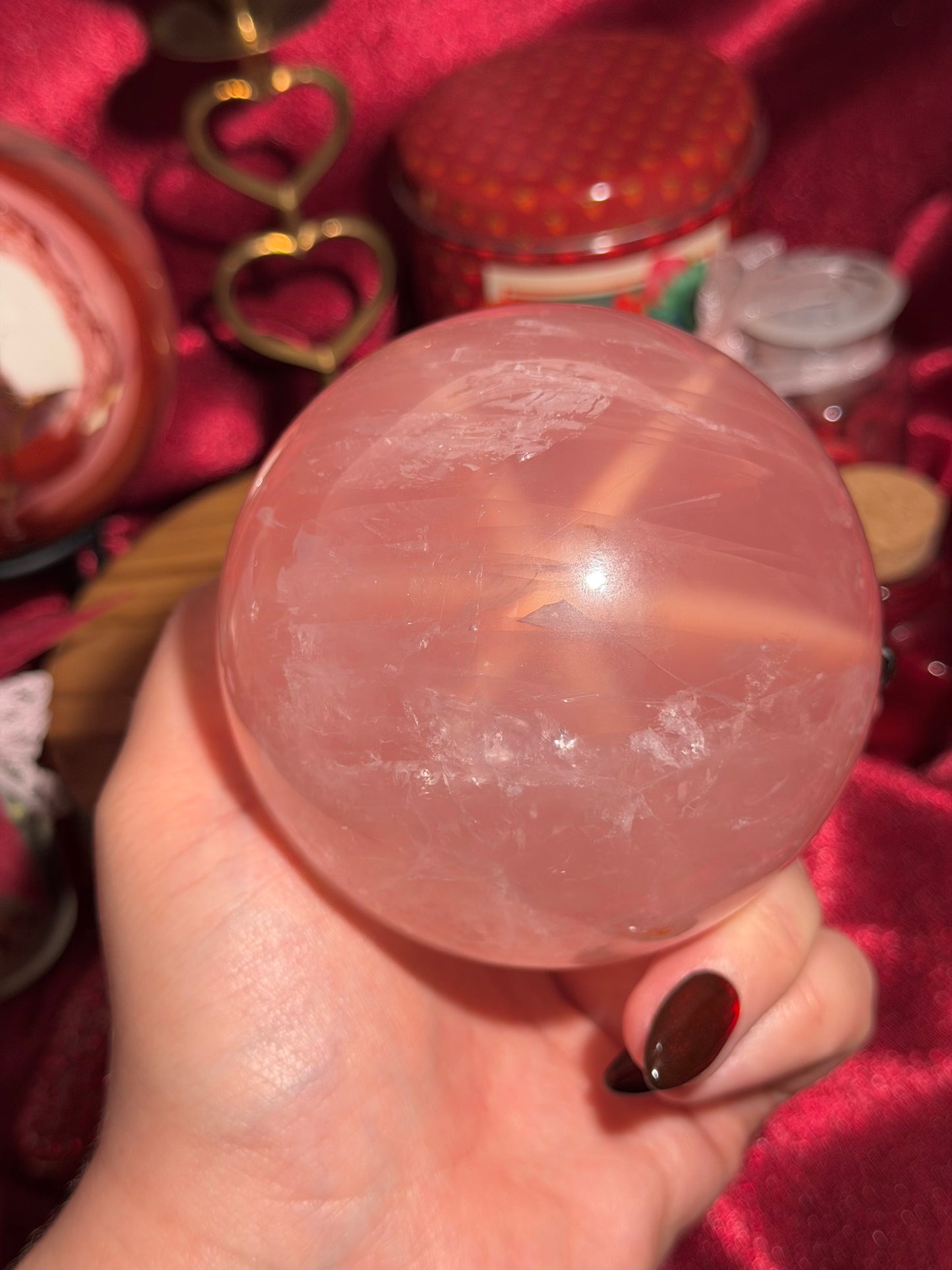 High quality star rose quartz sphere with golden glittery flash