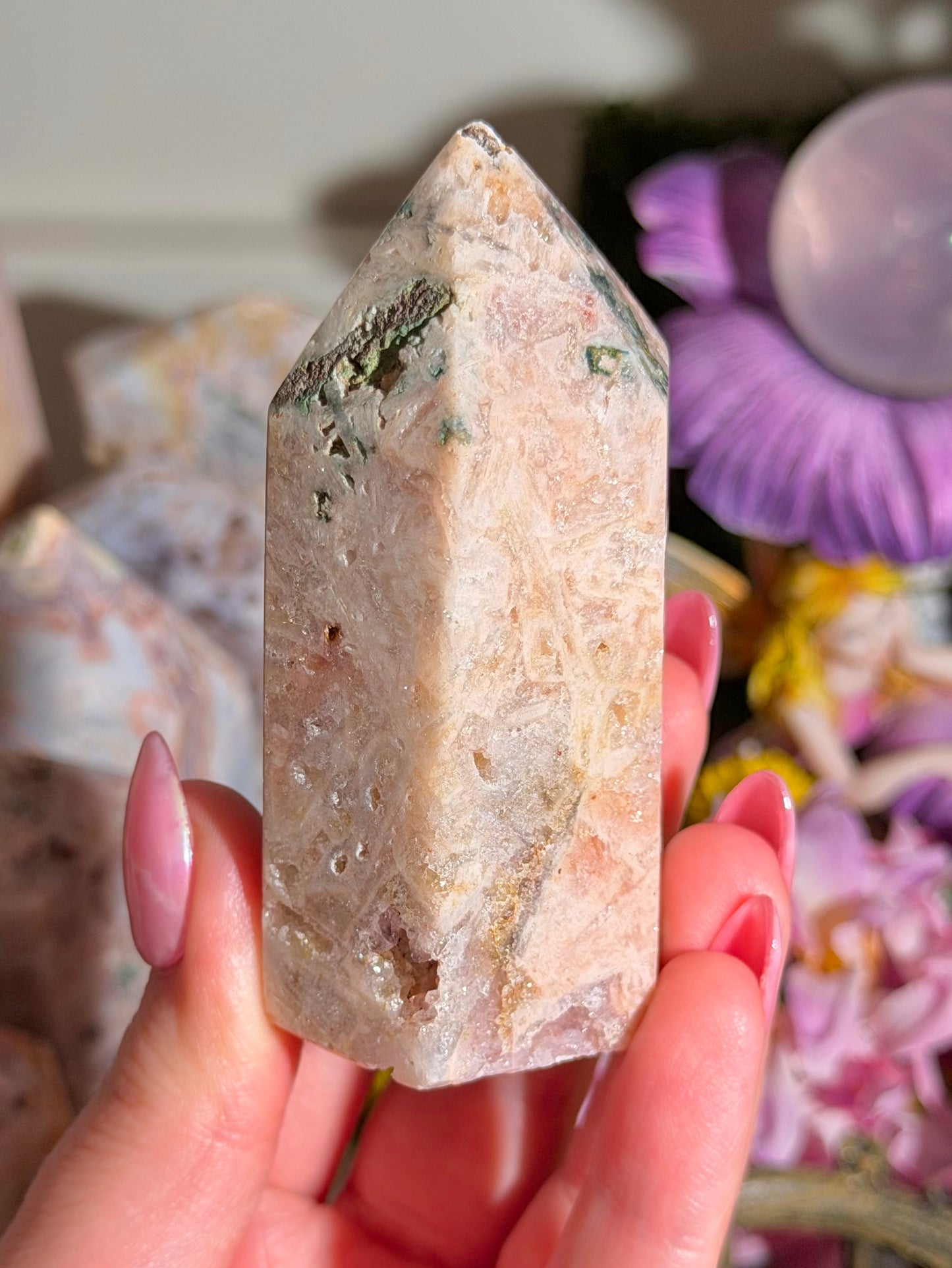 Fairy green jasper mixed with pink amethyst tower from Brazil