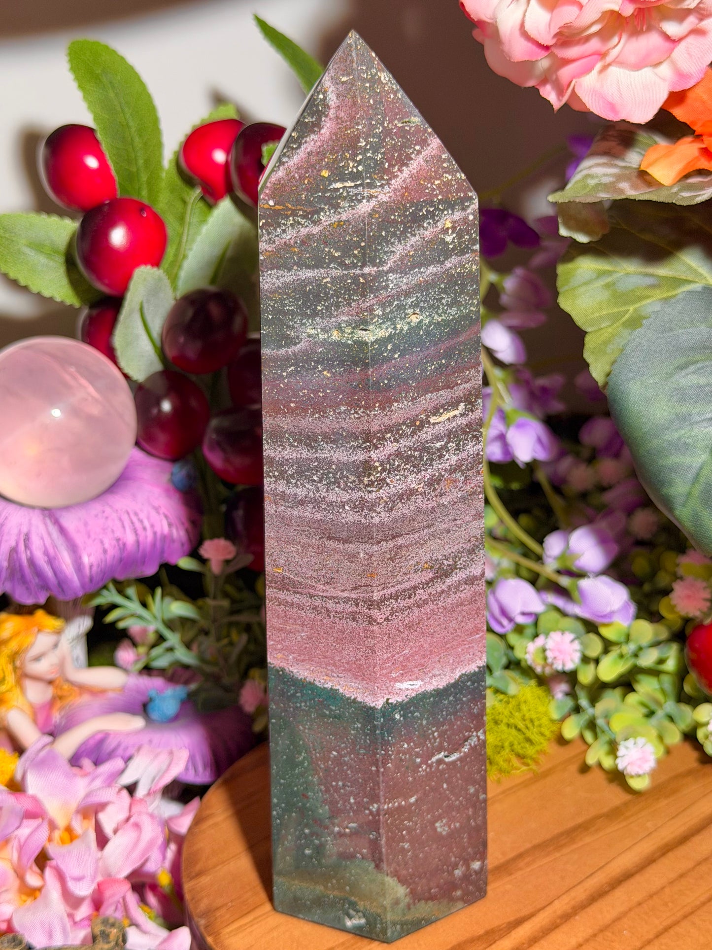 Pink and green sea jasper tower