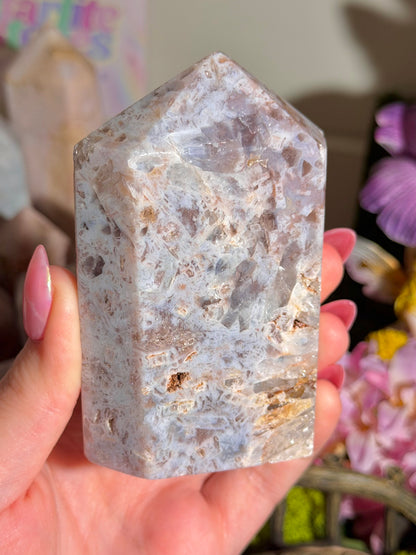 Mosaic pastel blue pink amethyst tower from Brazil