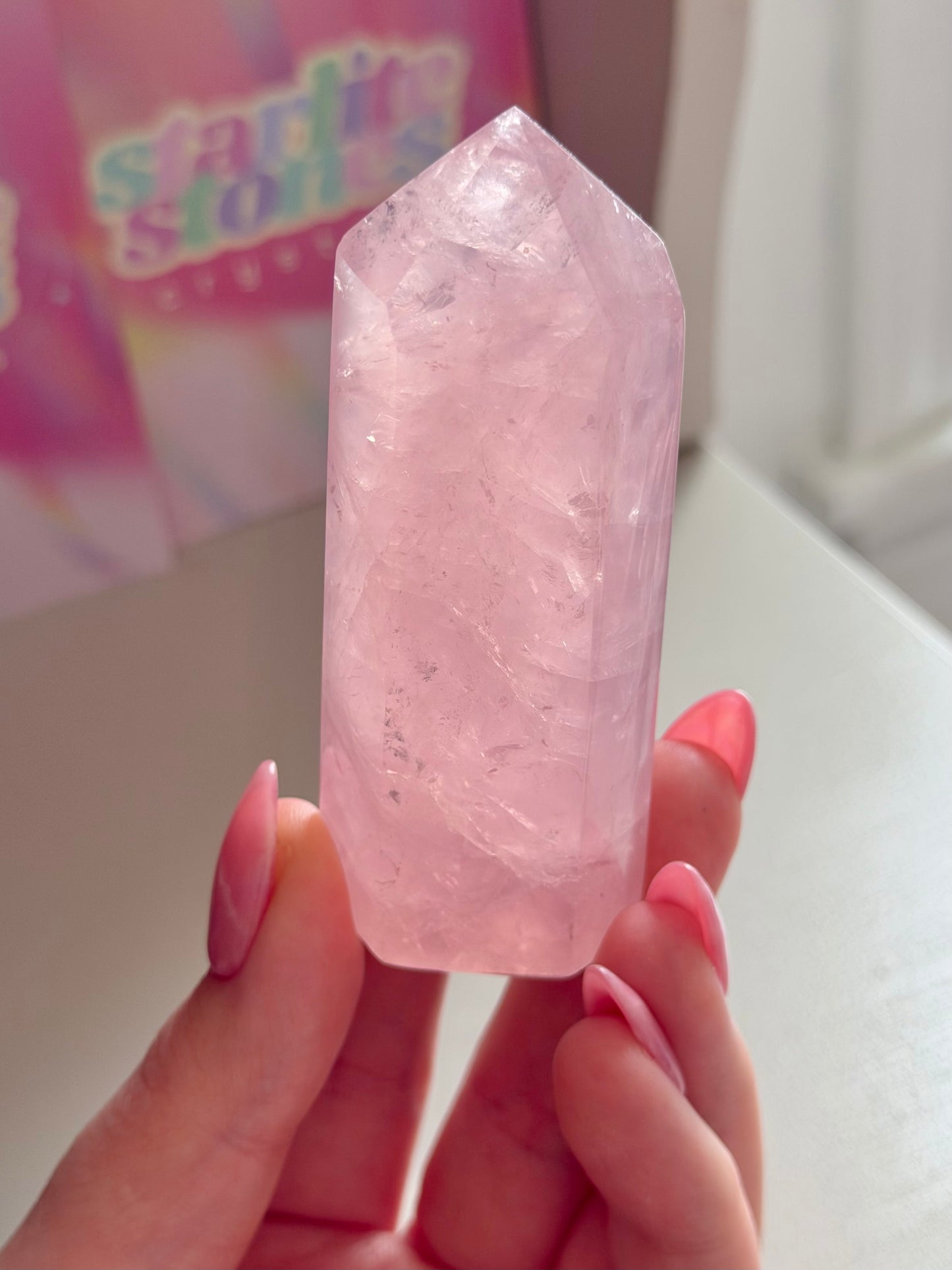 Baby pink rose quartz tower