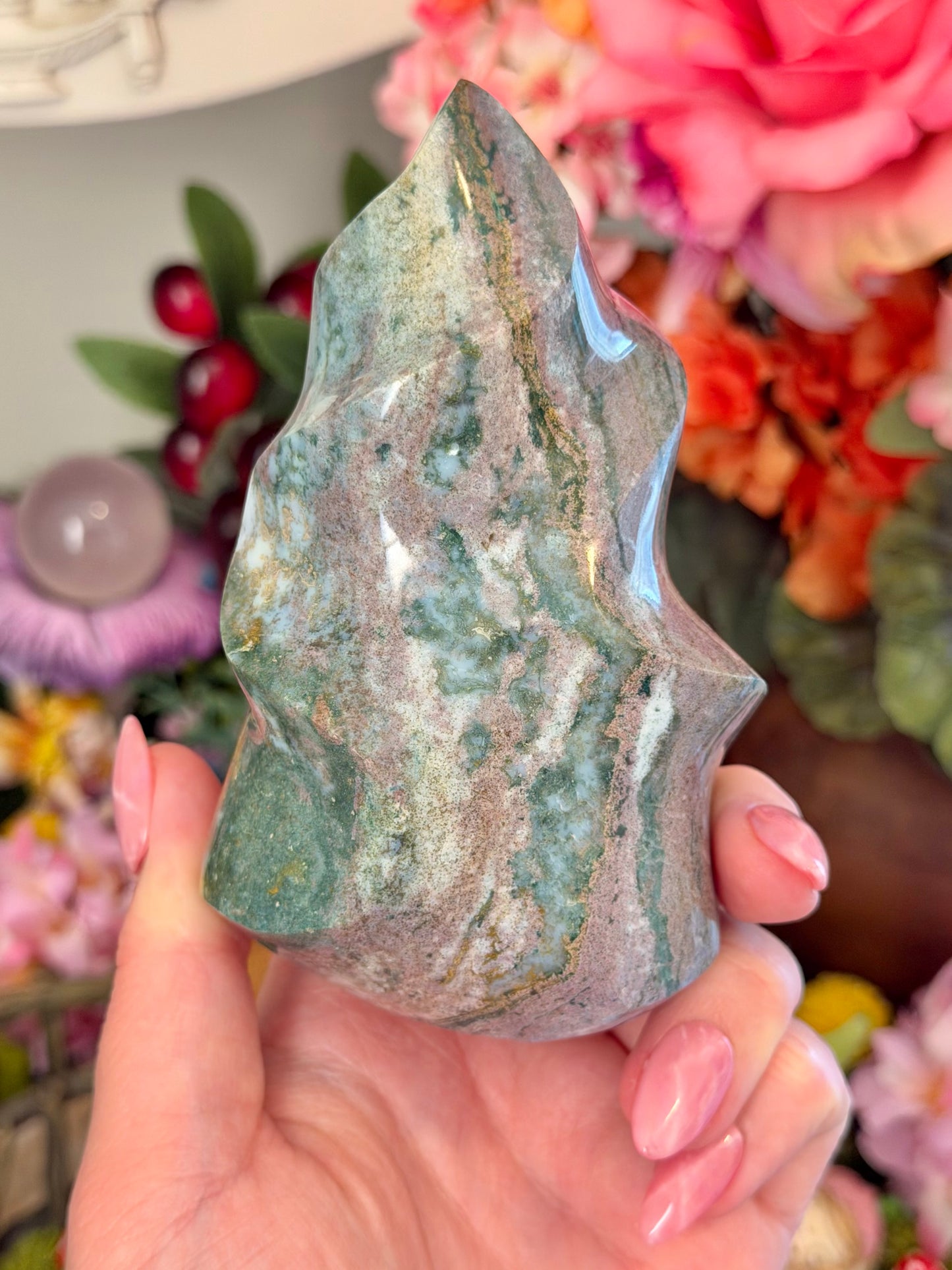 Lilac and green sea jasper flame