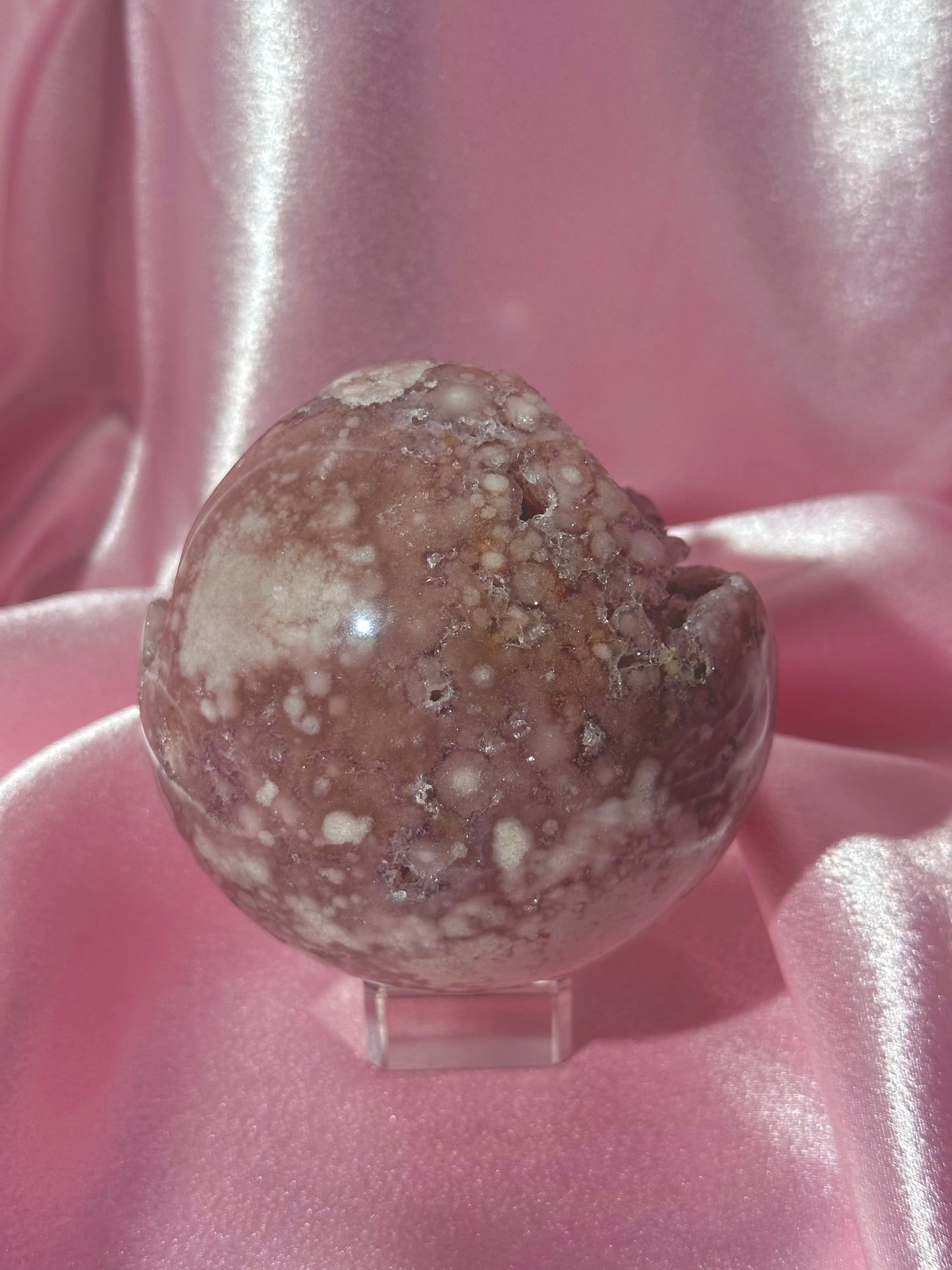 Brazilian pink amethyst x flower agate sphere with bubbly druzy cave