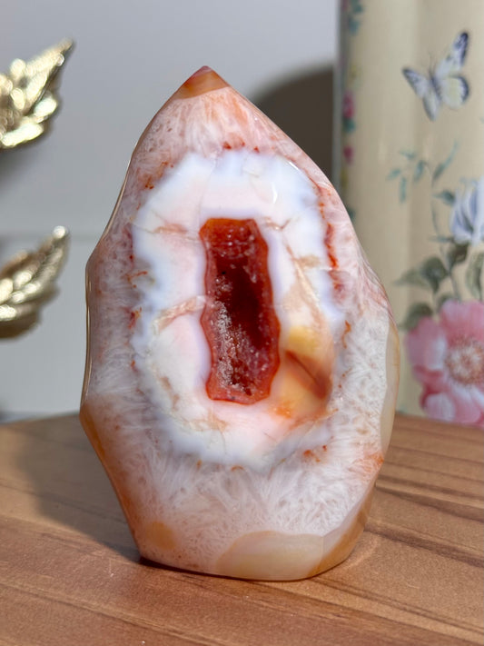 Rainbow carnelian flame with natural red druzy cave