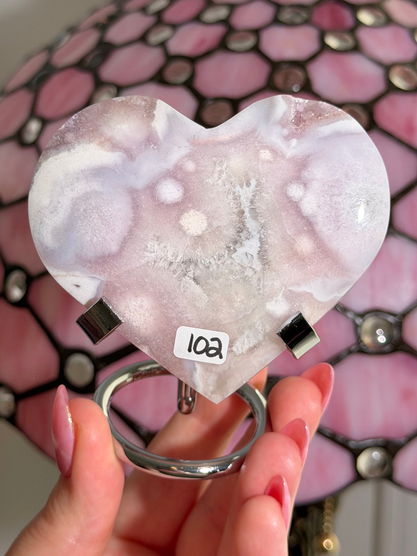 Pink amethyst x flower agate heart on stand