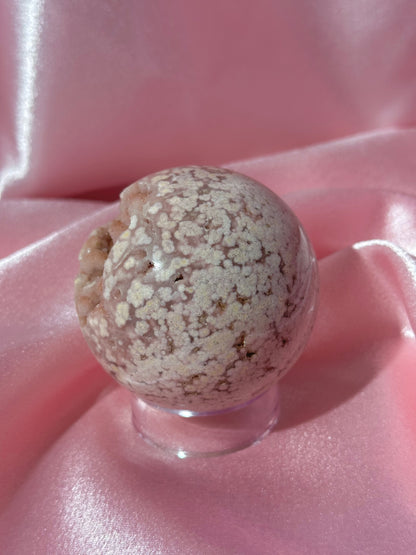 Pink pastel flower agate sphere from Madagascar with bubby druzy