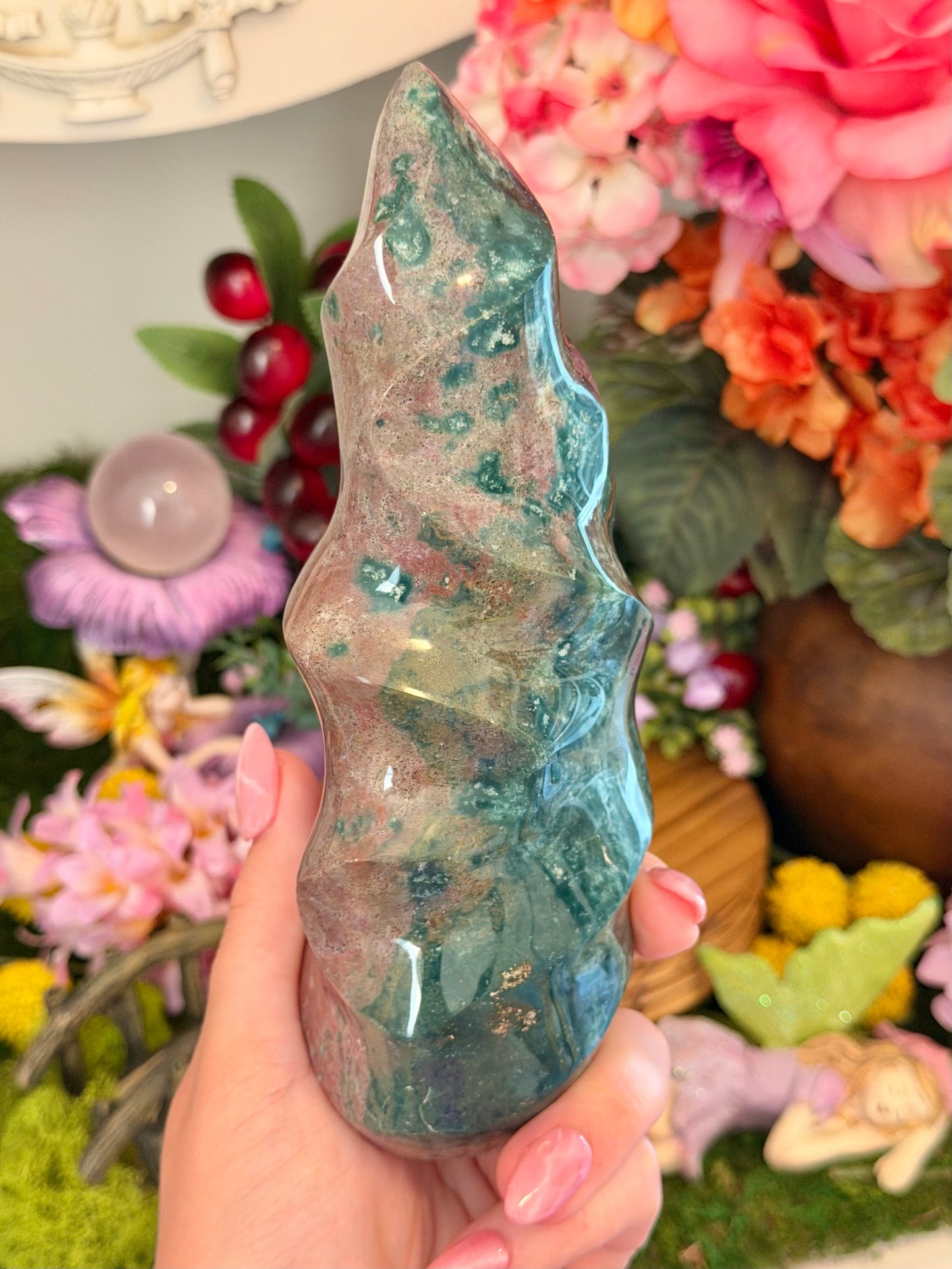 Strawberry pink and green sea jasper flame