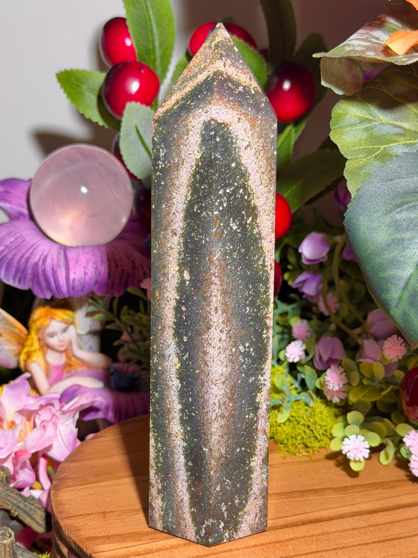 Pink and green sea jasper tower