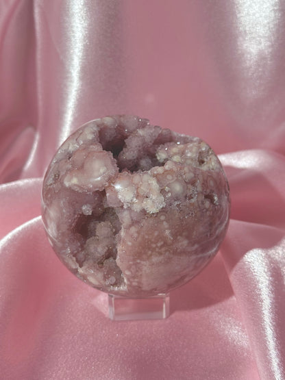 Brazilian pink amethyst x flower agate sphere with bubbly druzy cave