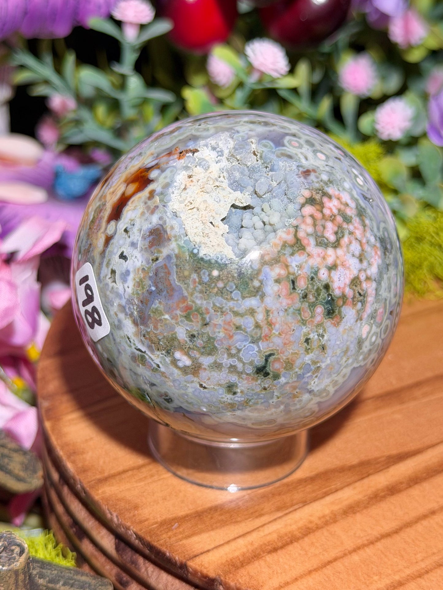 Green and pink 8th Vein Ocean Jasper sphere