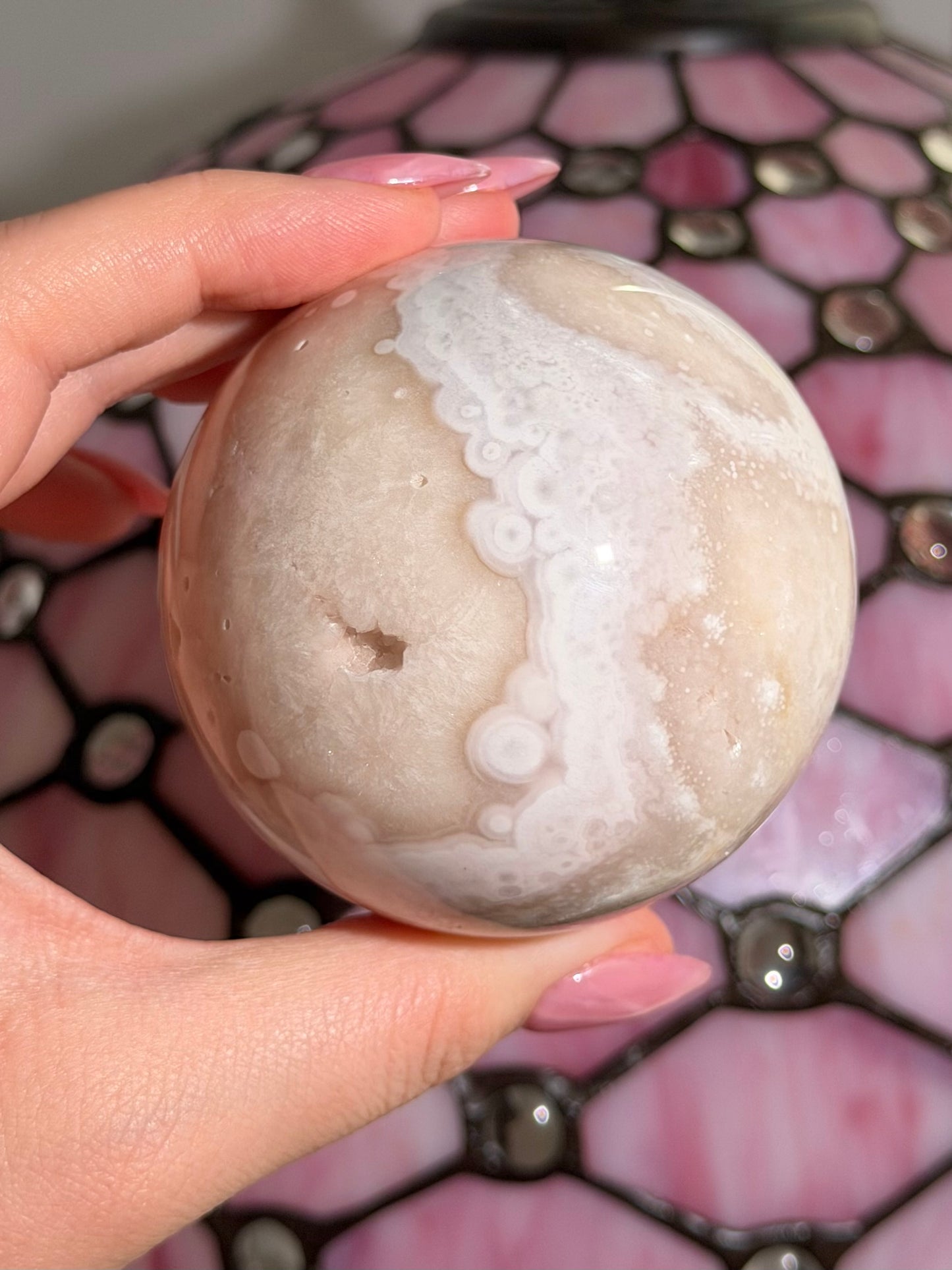 Large bubbly pastel Pink amethyst x flower agate sphere