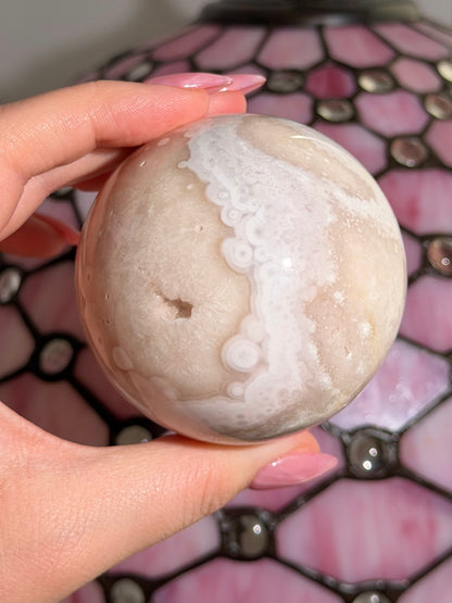Large bubbly pastel Pink amethyst x flower agate sphere