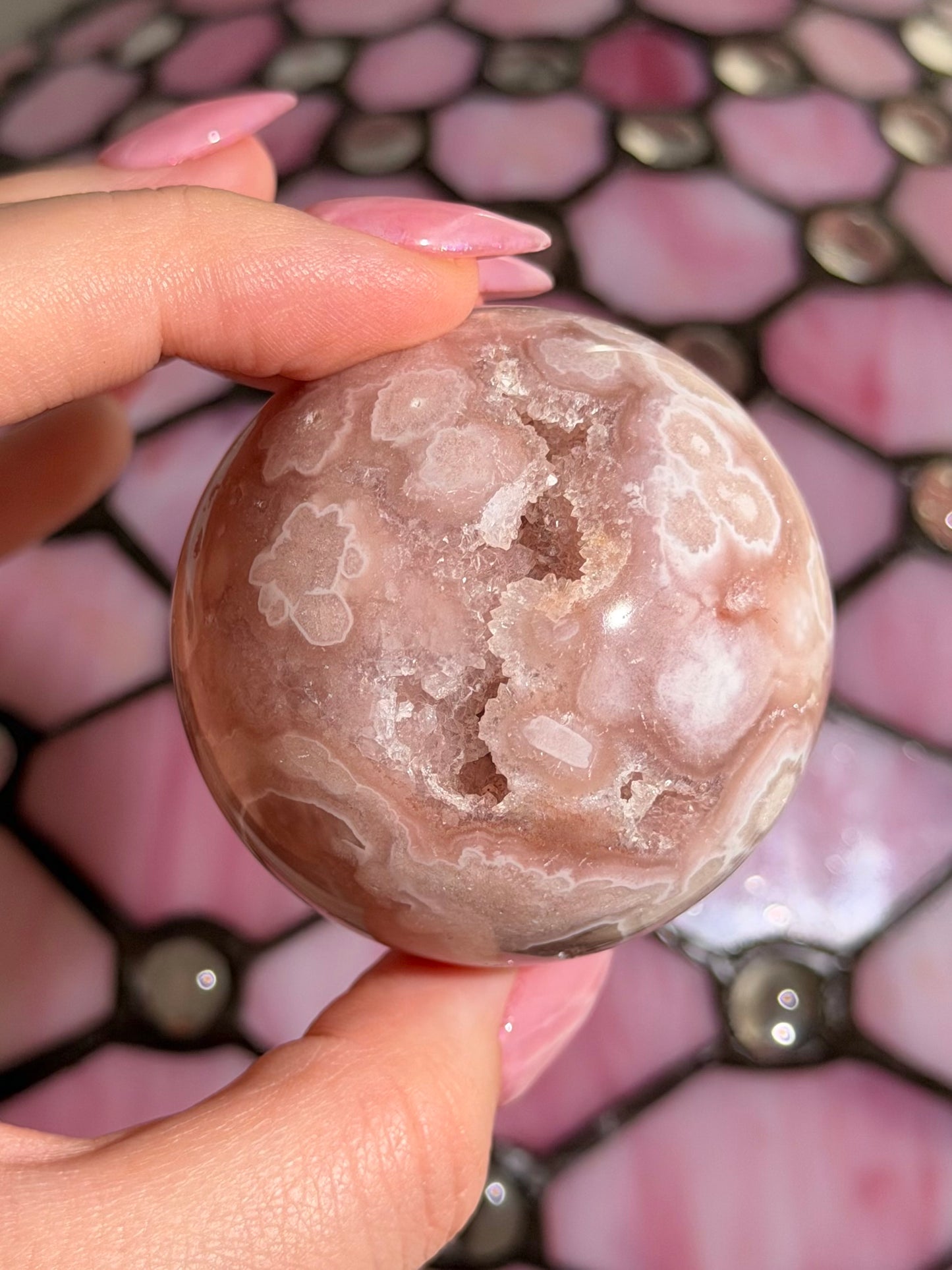 Hot pink quartzy Pink amethyst x flower agate sphere