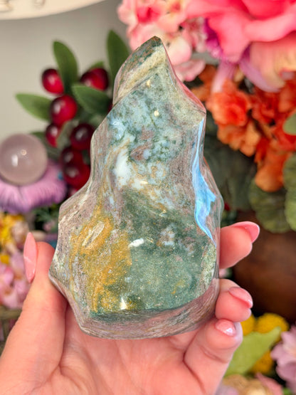 Lilac and green sea jasper flame