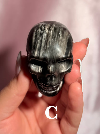 YOU PICK ⟢ Silver Sheen Obsidian Skull Carving
